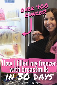 a woman is holding her breast while standing in front of an open refrigerator with the words how i filled my freezer with breast milk