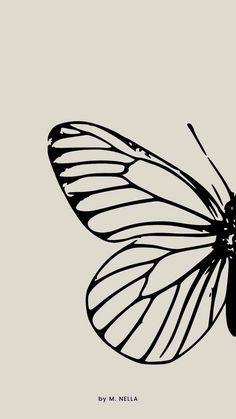 a black and white drawing of a butterfly on a light gray background with the words, by m mellia