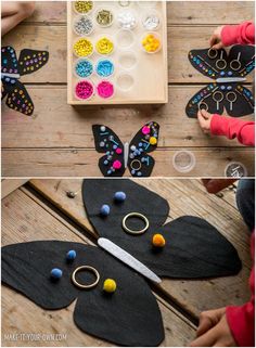 kids are making their own butterfly craft with buttons and beads on the back of it