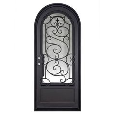 an iron door with a decorative design on the front and side panels, in black