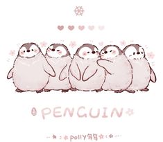 a group of penguins standing in a row with hearts on the back and one penguin has its eyes closed