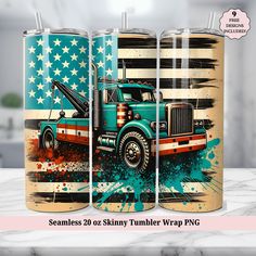 three tumblers with an american flag and truck on them, all painted in different colors