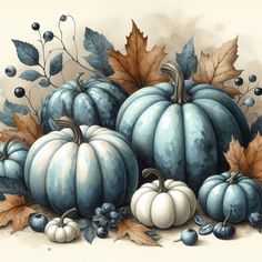 a painting of blue pumpkins and leaves