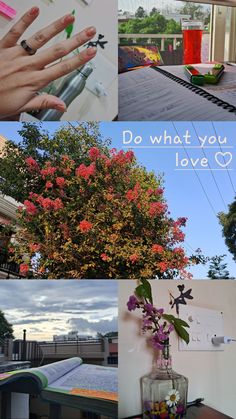 a collage of photos with flowers and writing on them