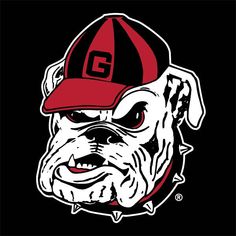 a bulldog wearing a red and black baseball cap with the letter g on it's face