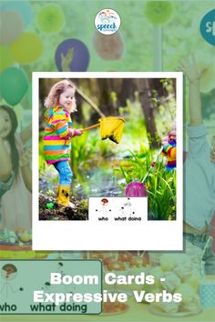 an image of a child playing with some balloons and paper flowers in the background, which reads boom cards - expressive verbs who doing