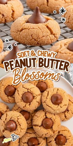 soft and chewy peanut butter blossoms cookies on a plate