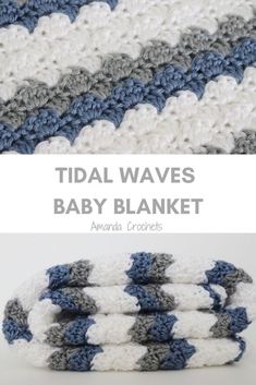 crocheted baby blanket with text overlay that reads tidal waves baby blanket in blue and white