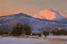 an oil painting of mountains and trees in the background with snow on the ground at sunset