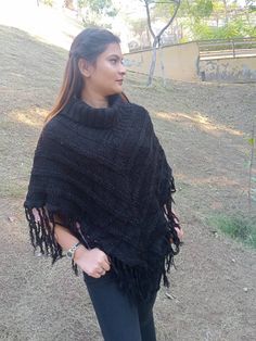 Fancy stylish poncho Round neck  Black colour Winter sweater  Thanks... Poncho For Women, Poncho Winter, Poncho Au Crochet, Women Shawl, Crochet Poncho, Winter Sweater, Knitted Poncho, Poncho Sweater, Black Colour