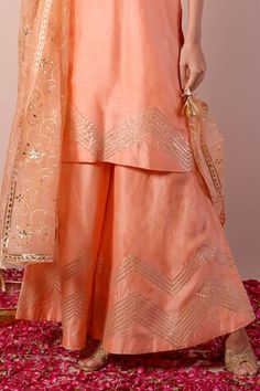 Peach kurta featuring gota embroidery in a chevron pattern and front button closure. Paired with a matching sharara and a floral jaal embroidered organza dupatta., Fit: Relaxed Sharara Set, Silk Embroidery, Chevron Pattern, Three Quarter, Aza Fashion, Custom Made, Types Of Sleeves, Silk, Embroidery