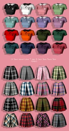 many different colored shirts and plaid shorts are arranged on a pink background, with the same color