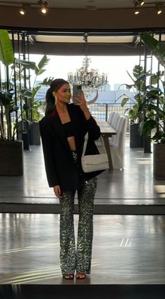 Black Sequin Outfit Night Out, Sequin Pants With Blazer, Sequinned Pants Outfit, Black Sparkle Pants, Glitter Pants Outfit New Years, Outfit Ideas Vegas Winter, Winter Evening Outfits Holiday Parties, Last Vegas Outfit, Black Sequin Trousers