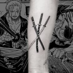 two swords tattoo on the left forearm and right arm with an anime character in the background