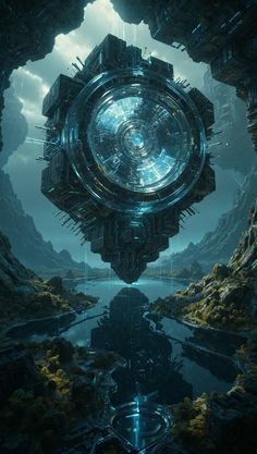 an image of a futuristic space station in the middle of a body of water with mountains and