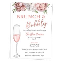 the brunch and bubbly bridal shower party is set up with pink flowers