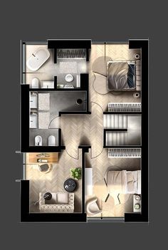 an overhead view of a floor plan with the bedroom and living room separated by two separate rooms