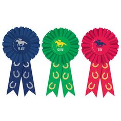 three ribbons with horses and horseshoes on them, one is red, the other blue