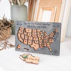 a wooden map with pins and magnets on it