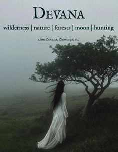 a woman standing in front of a tree on a foggy day with the words devana