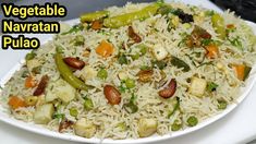 vegetable navratan pulao on a white plate