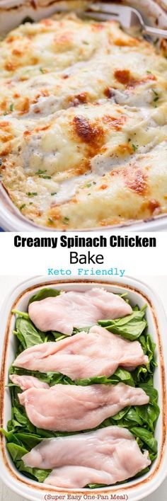 two images showing how to make creamy spinach chicken bake