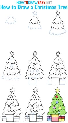 how to draw a christmas tree for kids with easy steps and pictures in the background