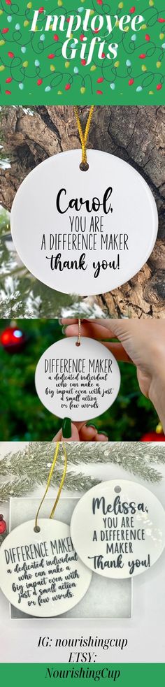 three different types of christmas ornament hanging from a tree