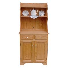 a wooden china cabinet with two plates on the top and one cup on it's shelf