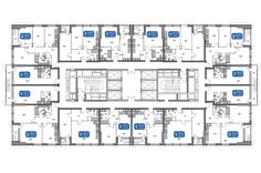 the floor plan for an office building with multiple floors and blue numbers on each level