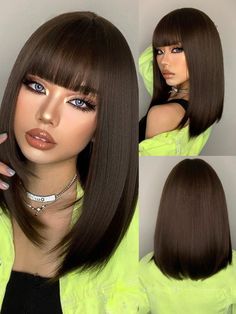 Chocolate Brown  Collar  Synthetic Fiber  Bangs Wig Embellished   Wigs & Accs Straight Hair With Bangs, Short Stacked Bob Hairstyles, Pretty Hair Cuts, Stacked Bob Hairstyles, Full Bangs, Bangs Wig, Marley Hair, Curly Hair Styles Easy, Hair With Bangs