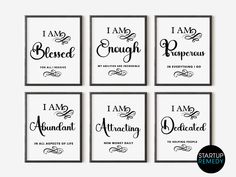 six black and white wall art prints with the words i am beautiful