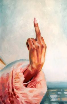 a painting of a person making the middle finger sign with their right hand and wearing a pink coat