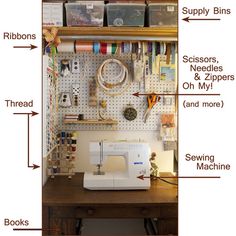 a sewing machine sitting on top of a wooden table next to a shelf filled with craft supplies