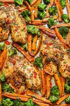 chicken, carrots and broccoli on a sheet pan