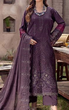 Marjjan Purple Lawn Suit | Pakistani Lawn Suits Pakistani Lawn Suits, Silk Trousers, Lawn Suits, Net Dupatta, Shalwar Kameez, Suit Fabric, Pakistani Outfits, Fabric Stores Online, Print Chiffon