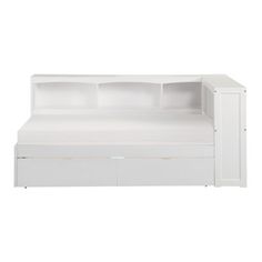 a white bed with two shelves on the top and bottom shelf above it, in front of a white background