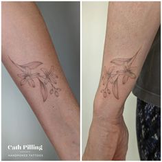 two pictures showing the same tattoo on one arm and another with flowers on the other