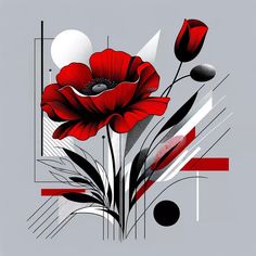 a red flower on a gray background with black and white lines