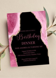 a pink and black birthday party card with gold foil on the front, featuring an abstract design