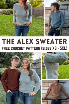 the alex sweater free crochet pattern sizes xs - 5xl is shown