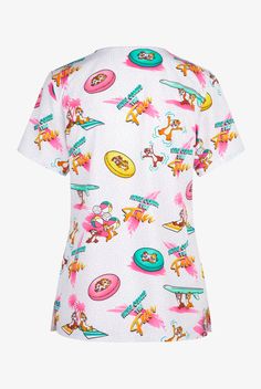 Tooniforms Disney s Chip N Dale Beach Fun Women s 3-Pocket STRETCH V-Neck Print Scrub Top • Modern classic fit • V-neck with contrast piping • Total of 3 pockets • 2 front patch pockets • 1 right inner patch pocket • Bust darts • Side vents • Disney s Chip and Dale having fun at the beach shower on a white background sprinkled with grey • Approximate length of Medium is 27 3 4 • Manufacturer style TF614-CDBF Made with a sustainable poly-spandex blend, our Tooniforms scrubs are the perfect silky Playful Short Sleeve Tops With Pockets, Casual White Sleepwear With Character Print, Multicolor Character Print Short Sleeve Sleepwear, Multicolor Short Sleeve Sleepwear With Character Print, Fun Cartoon Print Short Sleeve Sleepwear, White Character Print Top For Sleepovers, Casual Character Print Tops For Sleepover, Casual Tops With Character Print For Sleepovers, Pediatric Scrubs