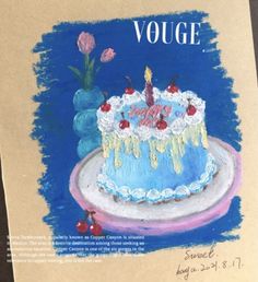 a birthday cake with candles and cherries on it is featured in the cover of a magazine