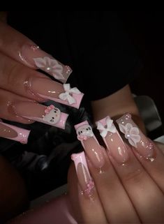 Hello kitty nails, pink nails, bow nails, acrylic nails, flower nails, acrylic flower, flower charms Bow Nails Acrylic, Flower Nails Acrylic, Acrylic Nails Flower, Nails Acrylic Flower, Nails Bow, Hello Kitty Nails Art, Bow Nails, Nails Flower, Kitty Nails