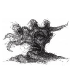 an artistic drawing of a woman's head with her hands in the air and hair blowing