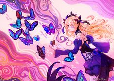 a woman with long blonde hair flying through the air next to purple and blue butterflies