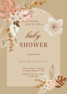 a baby shower is shown with flowers and leaves on the front, along with text that reads