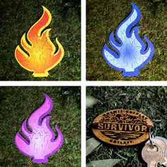 four different colored fire signs sitting in the grass