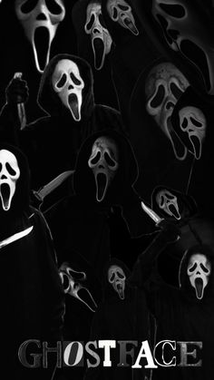 a group of people wearing ghost masks with the words ghostface on their faces in front of them