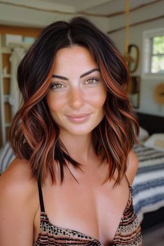 Dark Copper Balayage On Black Hair, Dark Hair Copper Balayage, Womens Fall Hair Color Ideas 2024, Sparse Highlights, Brunette With Copper Balayage, Red Brunette Balayage, Brunette Hair With Copper Highlights, Dark Brown Hair With Red, Reddish Brown Hair With Highlights